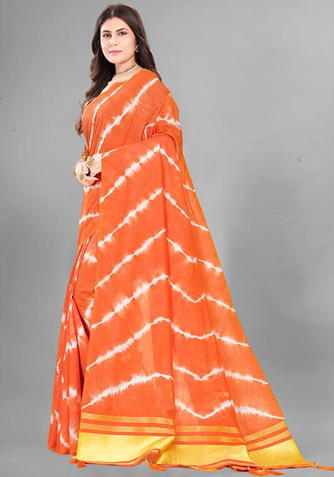 Orange Shibori Print Soft Cotton Saree Set