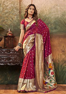 Maroon Zari Woven Paithani Silk Saree Set