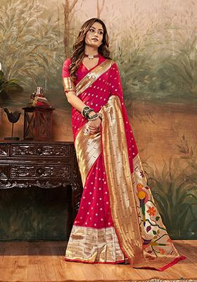 Crimson Zari Woven Paithani Silk Saree Set