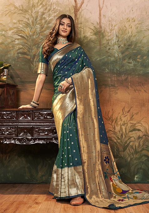 Dark Green Zari Woven Paithani Silk Saree Set