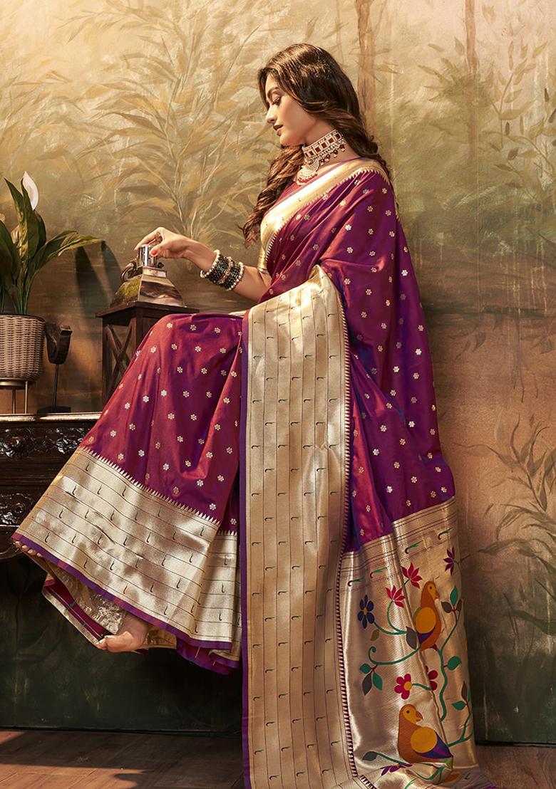 Burgundy Zari Woven Paithani Silk Saree Set