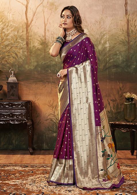 Burgundy Zari Woven Paithani Silk Saree Set