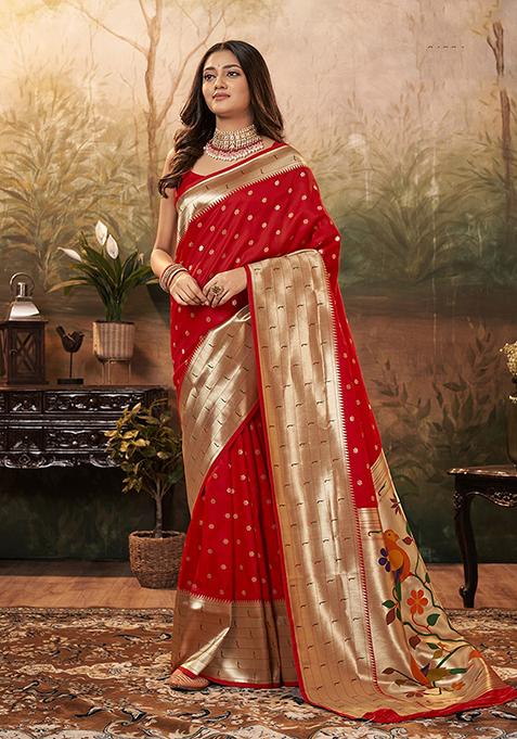 Red Zari Woven Paithani Silk Saree Set