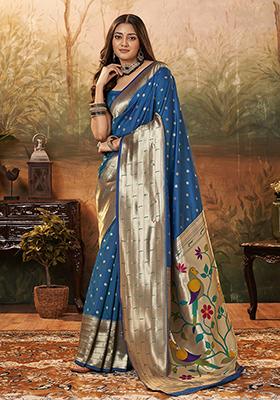 Blue Zari Woven Paithani Silk Saree Set