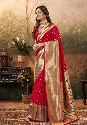 Red Zari Woven Paithani Silk Saree Set
