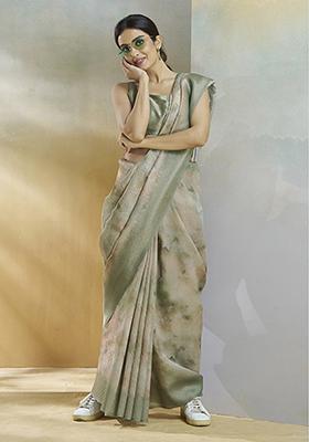 Light Green Printed Silk Saree Set