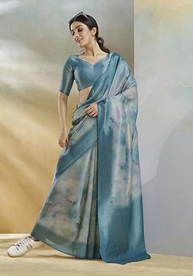 Blue Printed Silk Saree Set