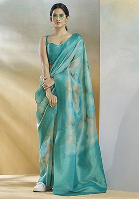 Turquoise Printed Silk Saree Set
