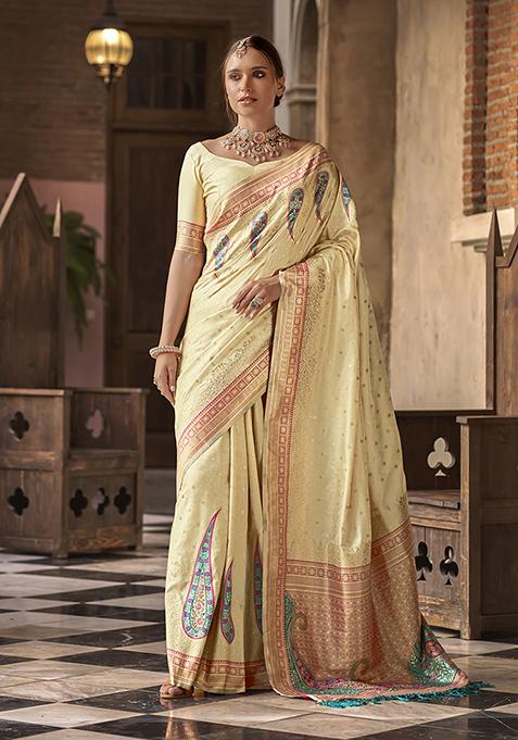 Cream Printed Woven Silk Saree Set