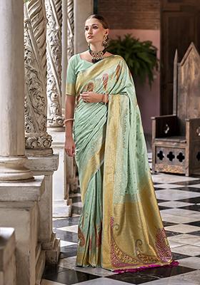 Sky Blue Printed Woven Silk Saree Set