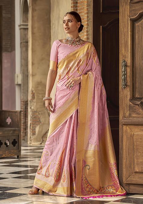 Pink Printed Woven Silk Saree Set