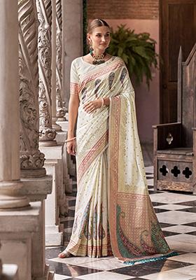 White Printed Woven Silk Saree Set