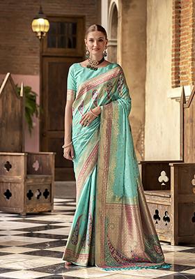Aqua Blue Printed Woven Silk Saree Set