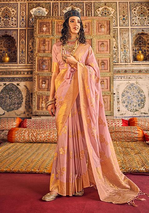 Light Pink Zari Woven Georgette Saree Set