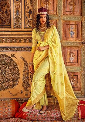 Lemon Yellow Zari Woven Georgette Saree Set