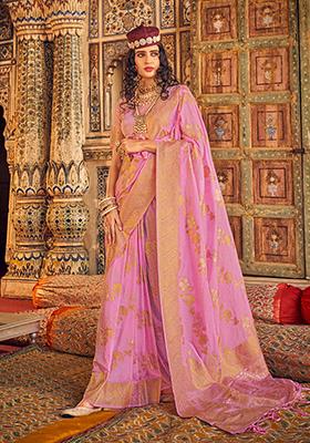 Rose Pink Zari Woven Georgette Saree Set