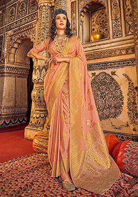 Peach Zari Woven Georgette Saree Set