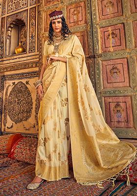 Cream Zari Woven Georgette Saree Set