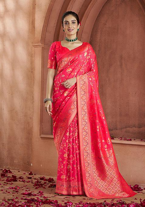 Rani Pink Zari Woven Banarasi Silk Saree Set