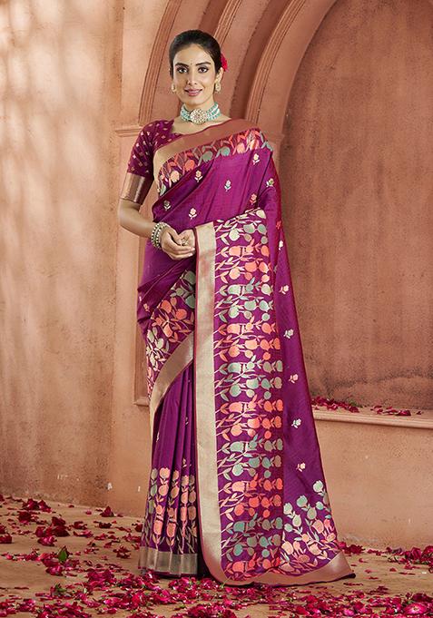 Purple Zari Woven Banarasi Silk Saree Set