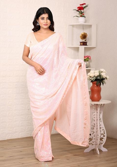 Pink Sequin Embroidered Woven Saree Set