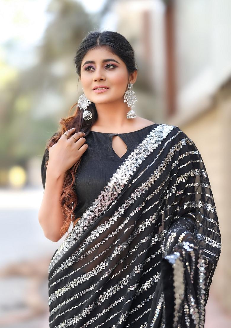 Black Sequin Embroidered Woven Saree Set