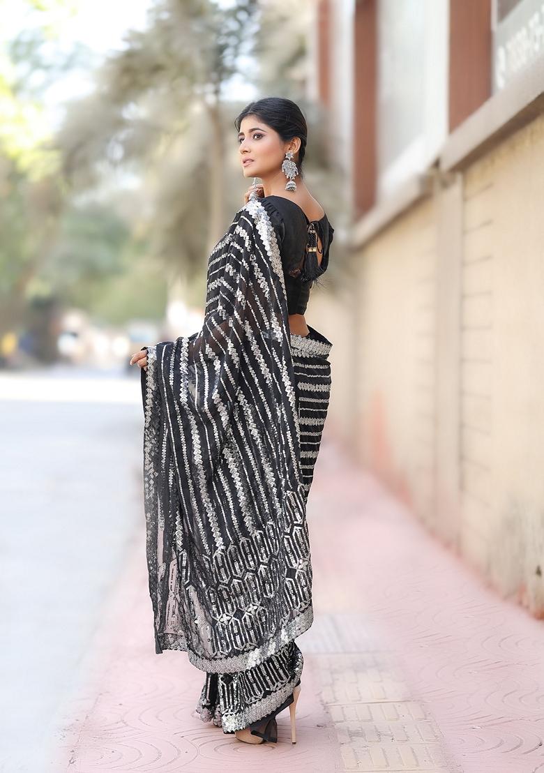 Black Sequin Embroidered Woven Saree Set