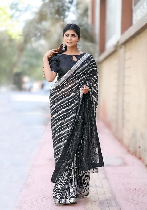 Black Sequin Embroidered Woven Saree Set