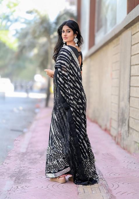 Black Sequin Embroidered Woven Saree Set