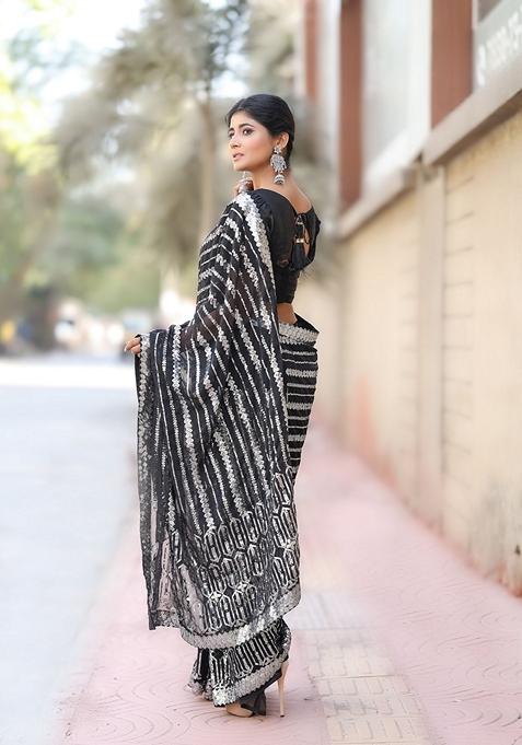 Black Sequin Embroidered Woven Saree Set