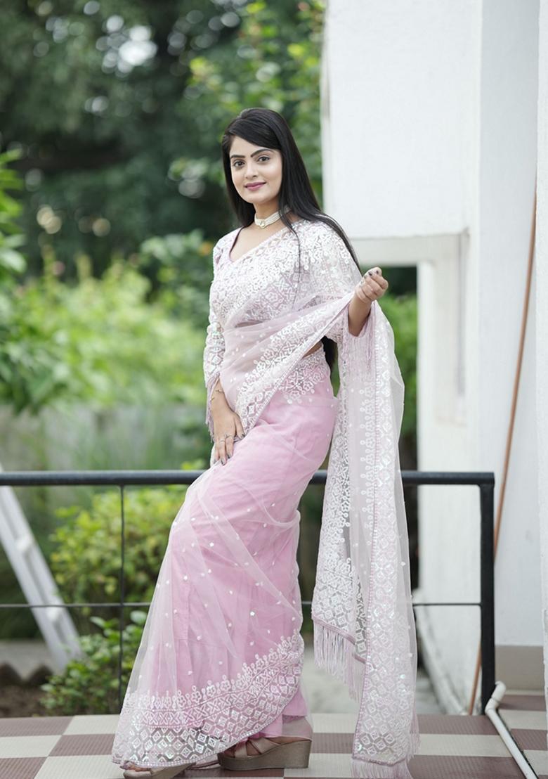 Grey Sequin Embroidered Woven Saree Set