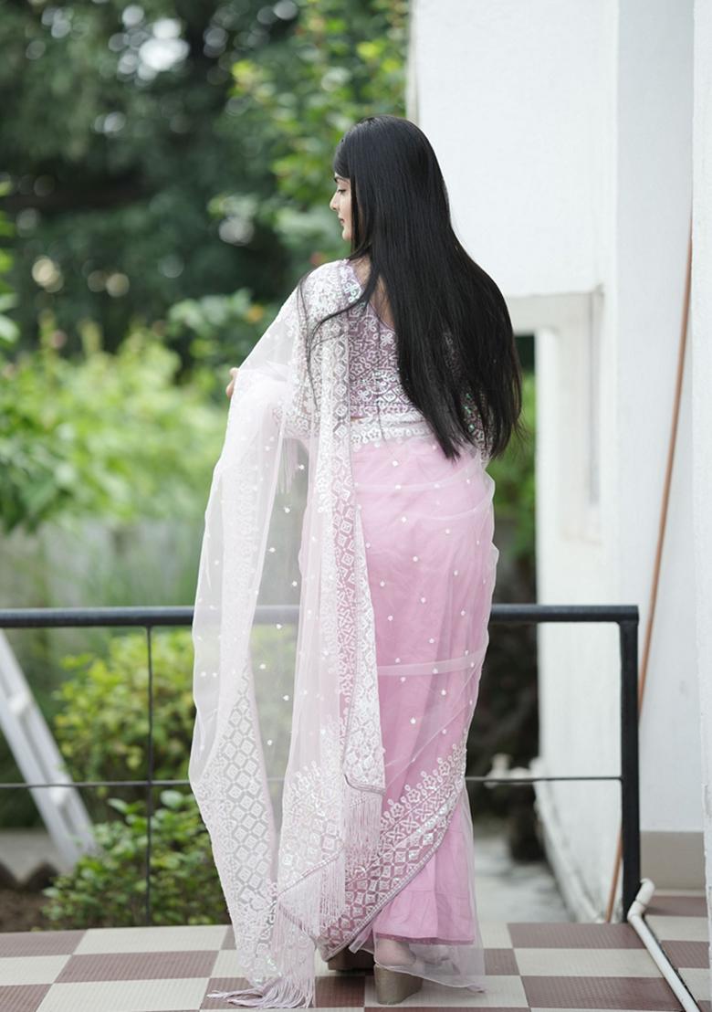 Grey Sequin Embroidered Woven Saree Set
