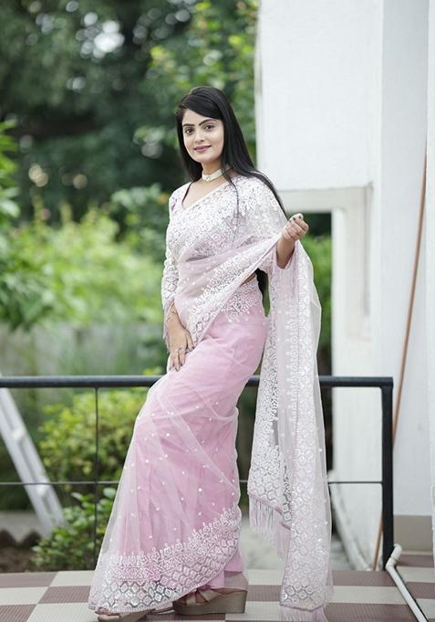 Grey Sequin Embroidered Woven Saree Set