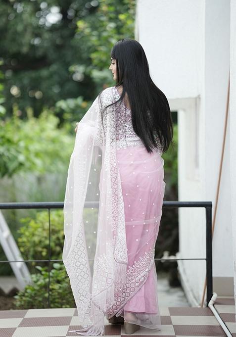Grey Sequin Embroidered Woven Saree Set