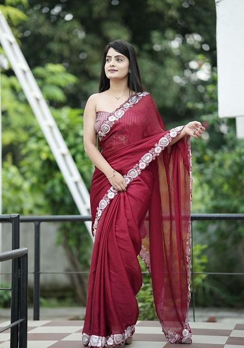 Red Sequin Embroidered Woven Saree Set