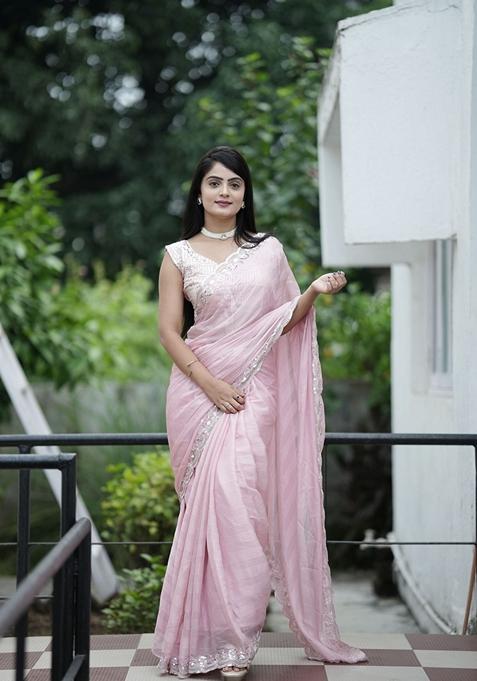 Pink Sequin Embroidered Woven Saree Set