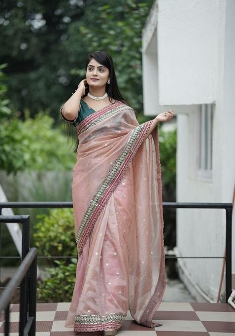 Brown Sequin Embroidered Woven Saree Set