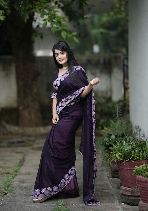 Purple Sequin Embroidered Woven Saree Set