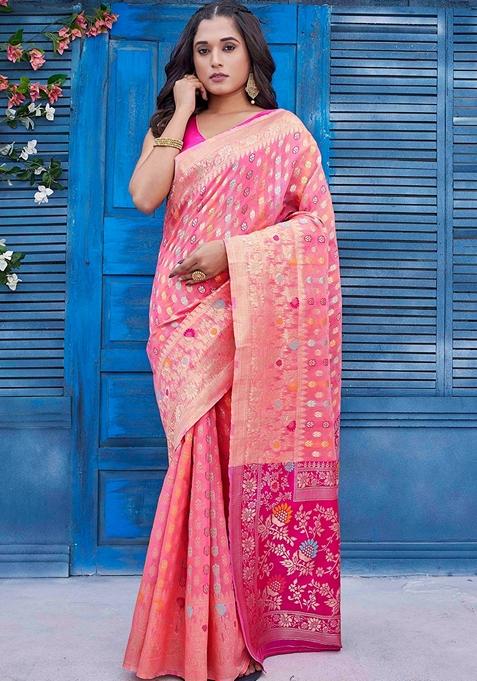 Pink Jacquard Woven Saree Set