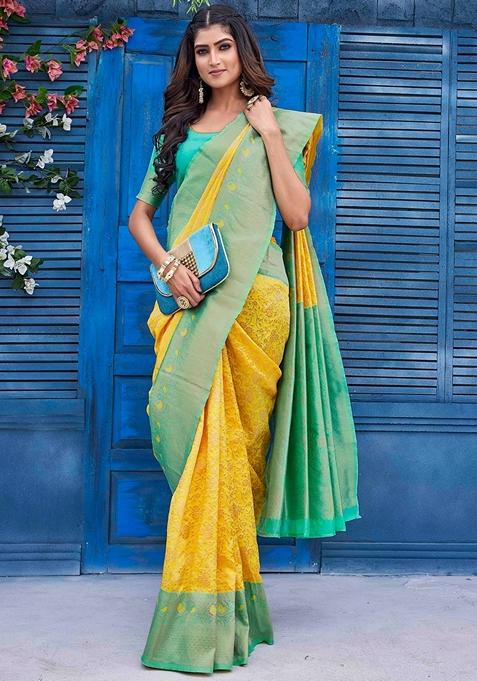 Yellow Jacquard Woven Saree Set