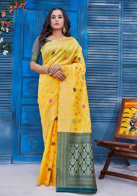 Yellow Jacquard Woven Saree Set