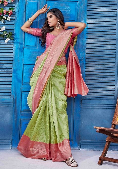 Green Jacquard Woven Saree Set