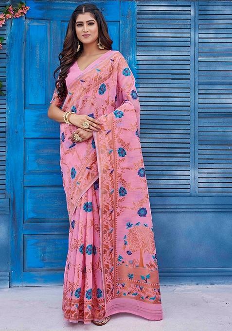 Pink Jacquard Woven Saree Set