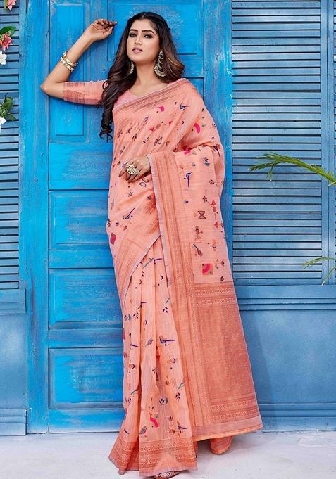 Rust Brown Jacquard Woven Saree Set