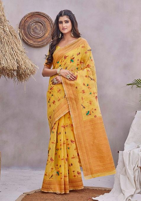 Yellow Jacquard Woven Saree Set