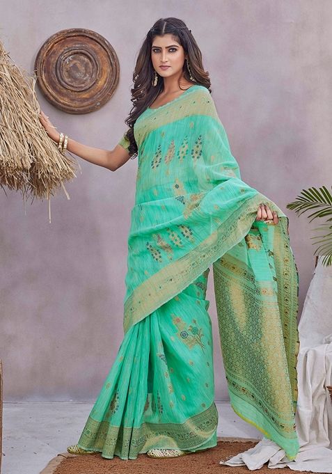 Sea Green Jacquard Woven Saree Set