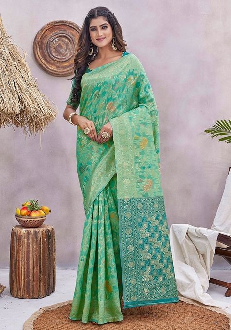 Green Jacquard Woven Saree Set