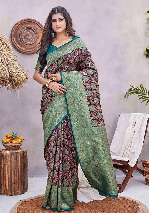 Purple Jacquard Woven Saree Set