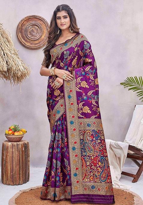 Purple Jacquard Woven Saree Set