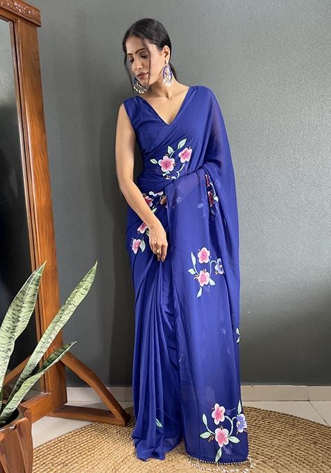 Blue Printed Woven Saree Set